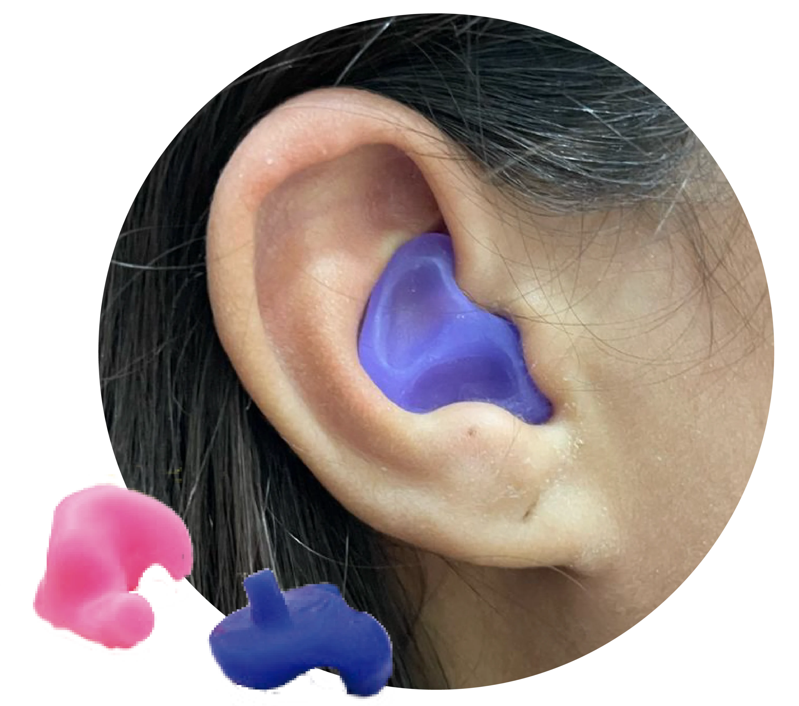 orelha ´com um tmpão personalizado dentro de um círculo e um tmpão azul e um rosa ao lado esquerdo